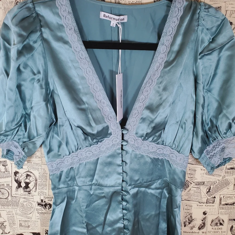 NWT Reformation mini button silk brigitta dress v neck line in verdigris 0 - Picture 4 of 7